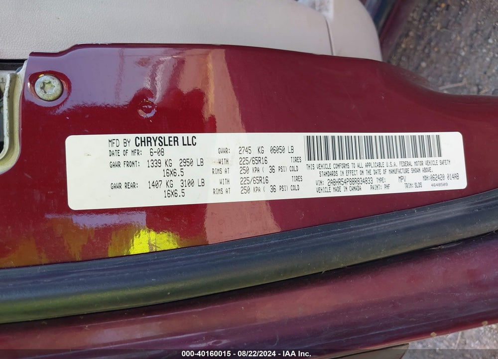 2008 CHRYSLER TOWN & COUNTRY TOURING VIN: 2A8HR54P88R834833