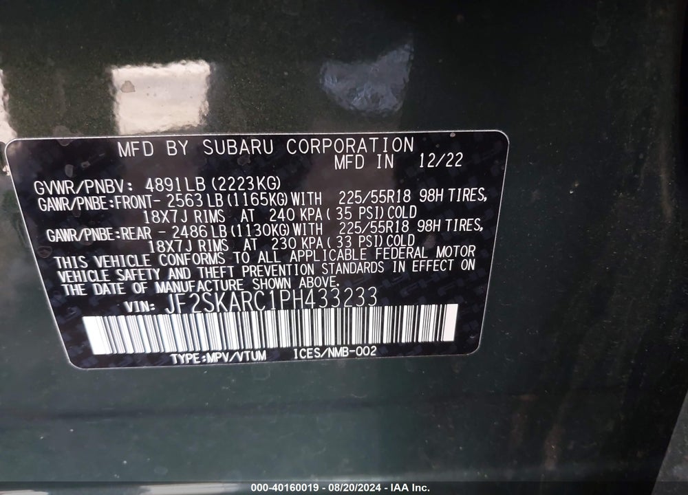 2023 SUBARU FORESTER TOURING VIN: JF2SKARC1PH433233