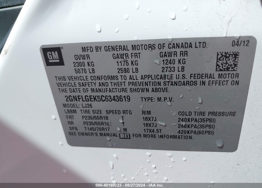 2012 CHEVROLET EQUINOX LTZ VIN: 2GNFLGEK5C6343619