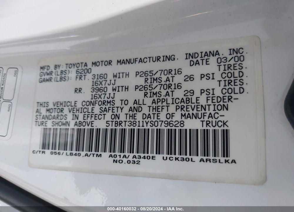 2000 TOYOTA TUNDRA LTD V8 VIN: 5TBRT3811YS079628