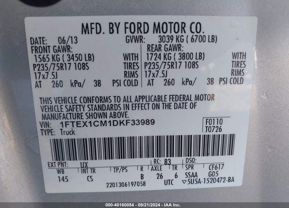 2013 FORD F-150 XL VIN: 1FTEX1CM1DKF33989