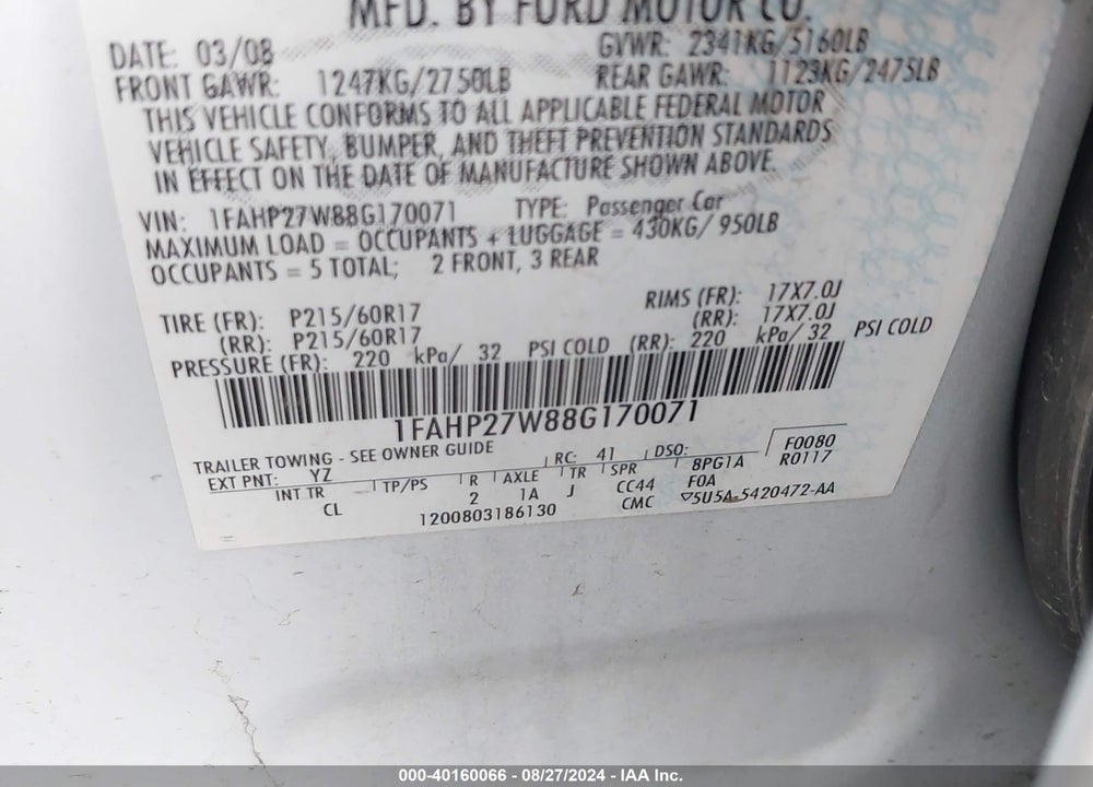 2008 FORD TAURUS SEL VIN: 1FAHP27W88G170071