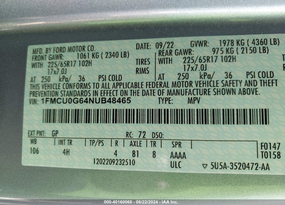 2022 FORD ESCAPE SE VIN: 1FMCU0G64NUB48465