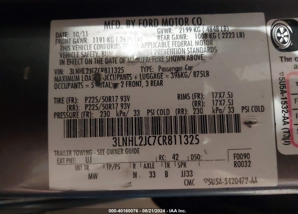2012 LINCOLN MKZ VIN: 3LNHL2JC7CR811325
