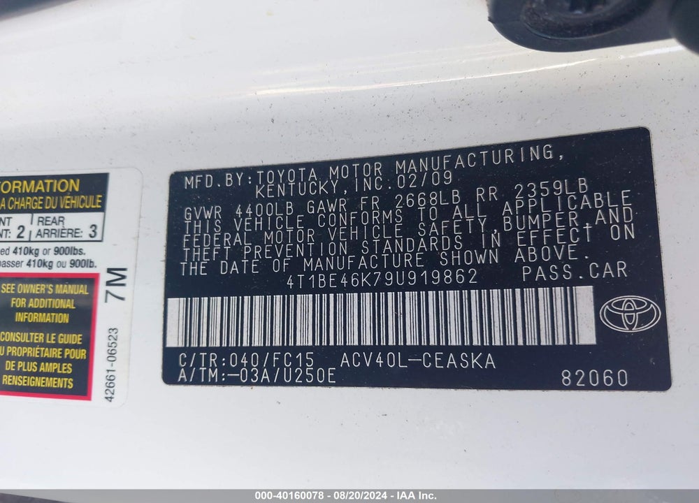 2009 TOYOTA CAMRY SE VIN: 4T1BE46K79U919862