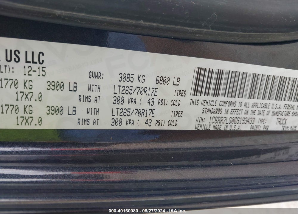 2016 RAM 1500 OUTDOORSMAN VIN: 1C6RR7LG0GS193433