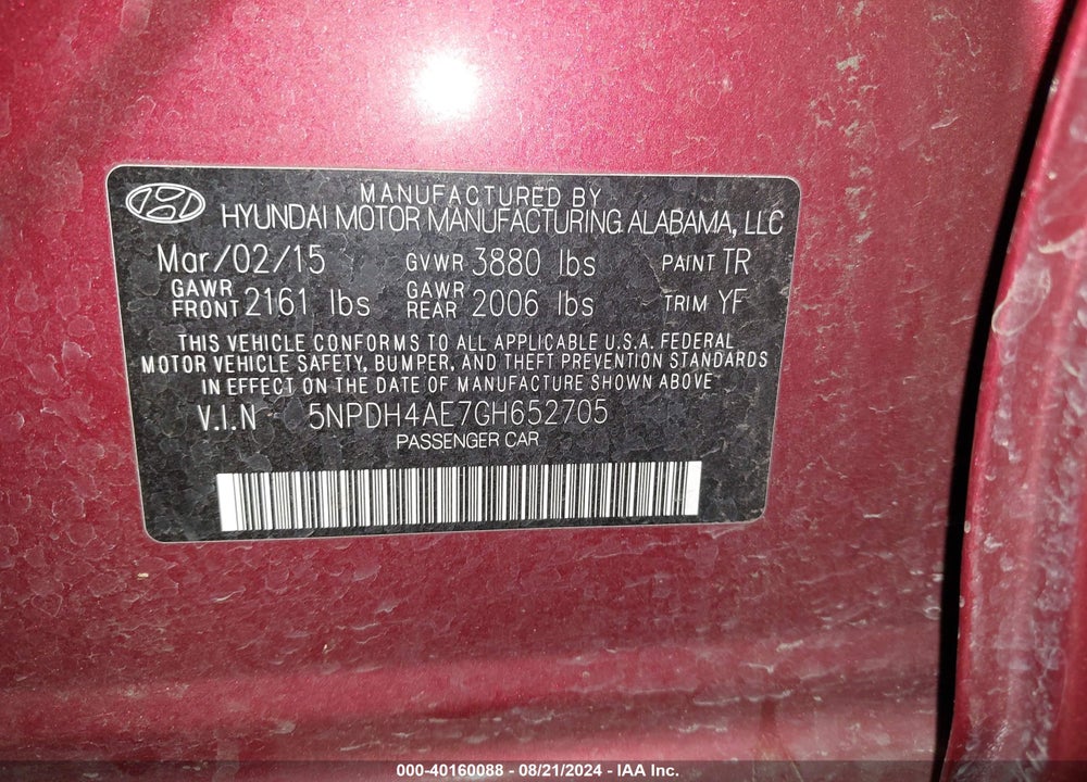 2016 HYUNDAI ELANTRA LIMITED VIN: 5NPDH4AE7GH652705