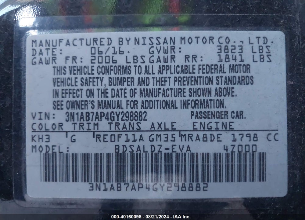 2016 NISSAN SENTRA VIN: 3N1AB7AP4GY298882
