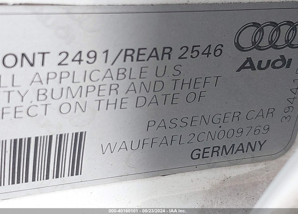 2012 AUDI A4 2.0T PREMIUM VIN: WAUFFAFL2CN009769