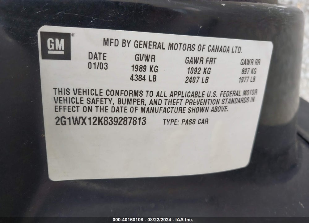 2003 CHEVROLET MONTE CARLO SS VIN: 2G1WX12K839287813