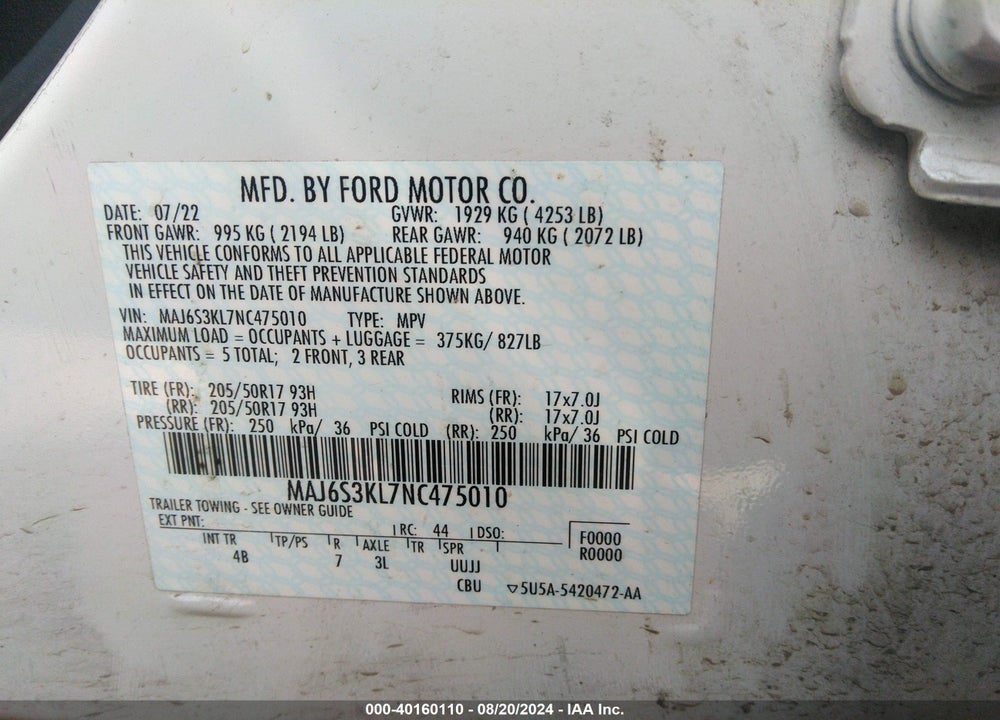 2022 FORD ECOSPORT TITANIUM VIN: MAJ6S3KL7NC475010