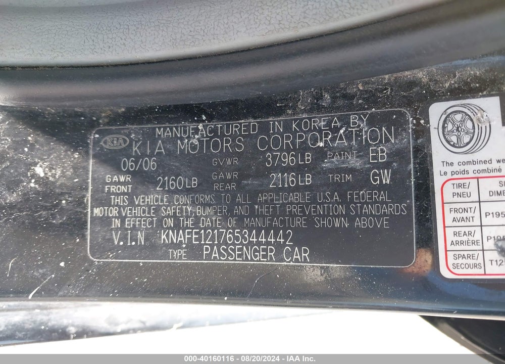 2006 KIA SPECTRA EX/LX/SX VIN: KNAFE121765344442