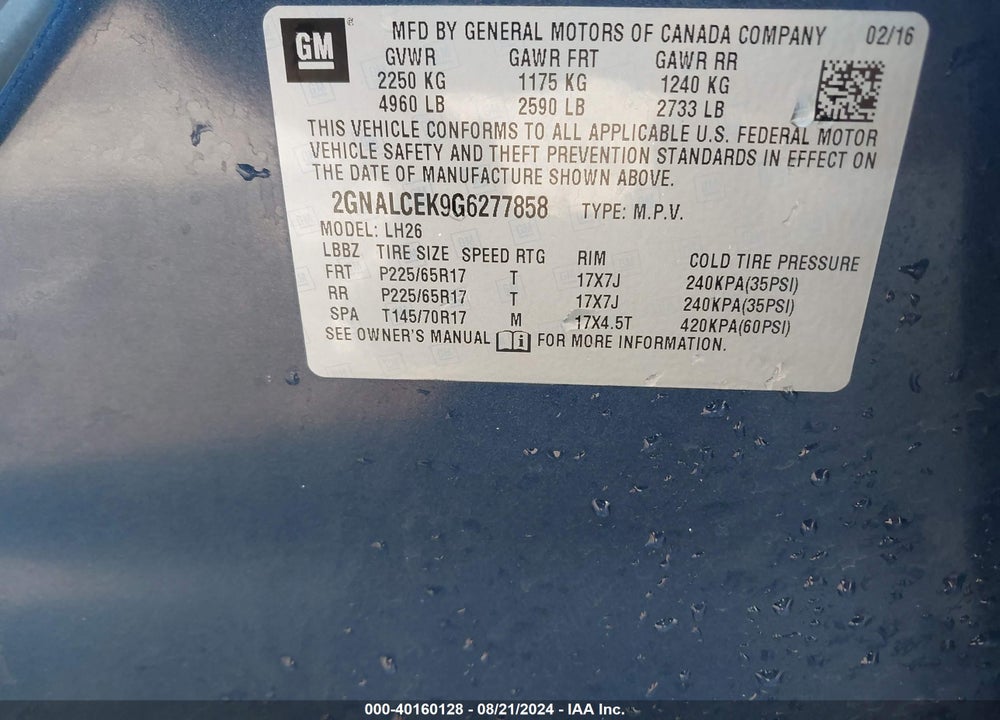 2016 CHEVROLET EQUINOX LT VIN: 2GNALCEK9G6277858