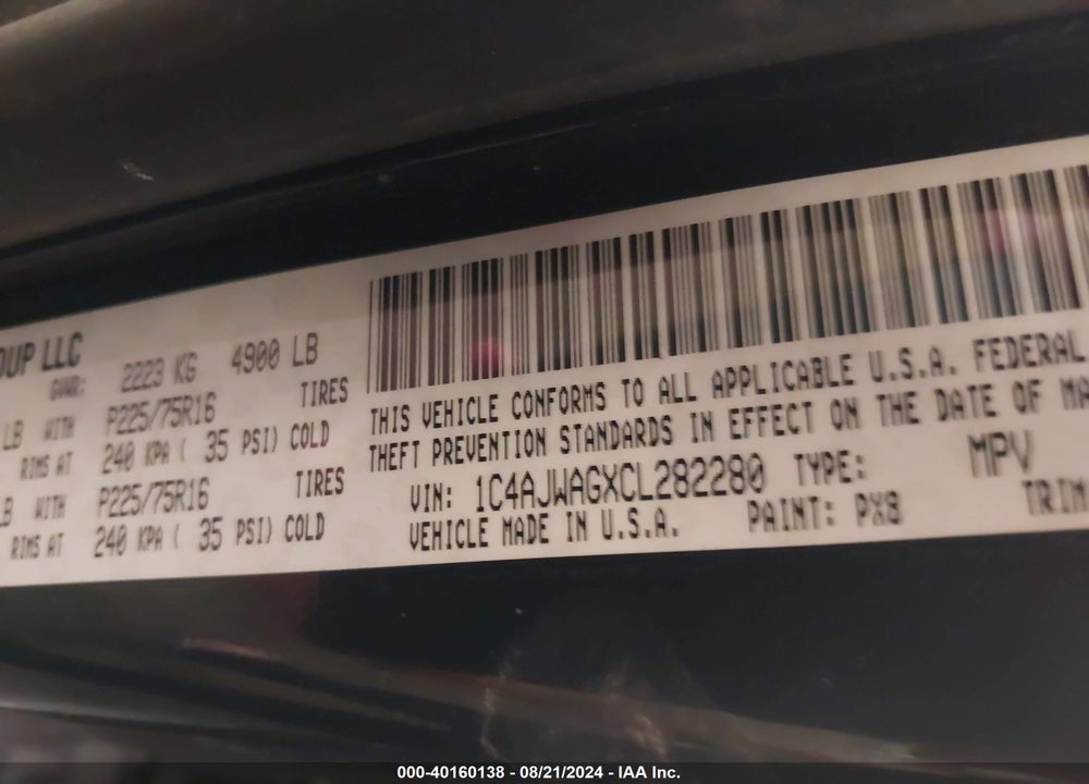 2012 JEEP WRANGLER / VIN: 1C4AJWAGXCL282280