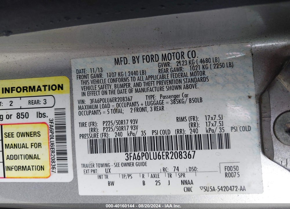 2014 FORD FUSION HYBRID VIN: 3FA6P0LU6ER208367