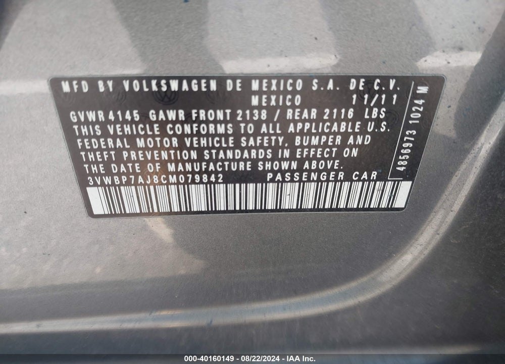 2012 VOLKSWAGEN JETTA 2.5L SE VIN: 3VWBP7AJ8CM079842