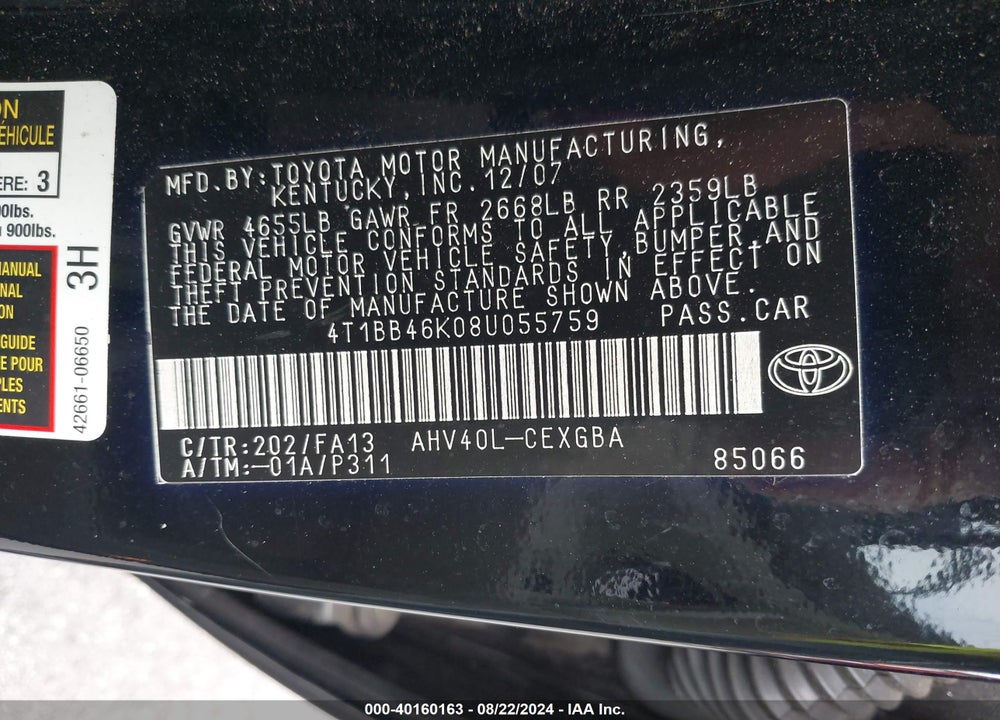 2008 TOYOTA CAMRY HYBRID VIN: 4T1BB46K08U055759