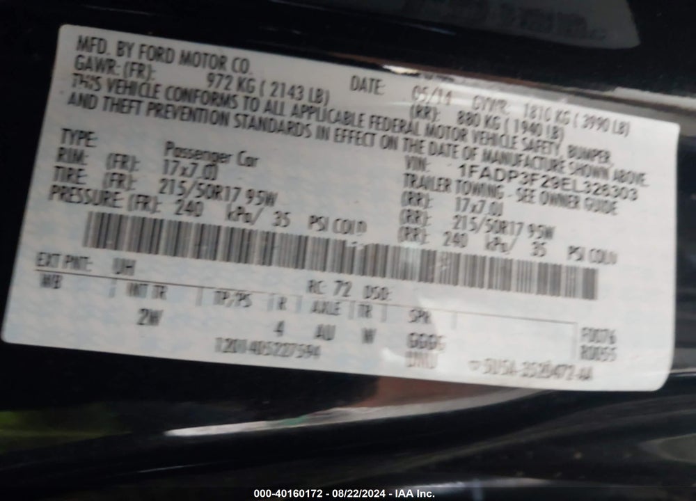 2014 FORD FOCUS SE VIN: 1FADP3F29EL326303