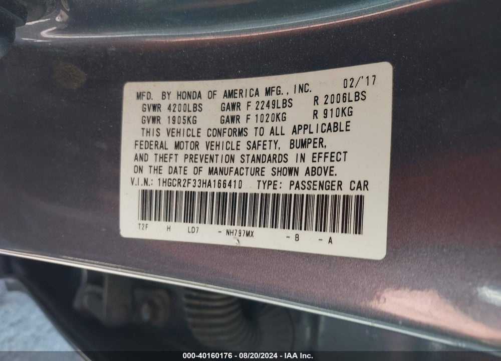 2017 HONDA ACCORD LX VIN: 1HGCR2F33HA166410