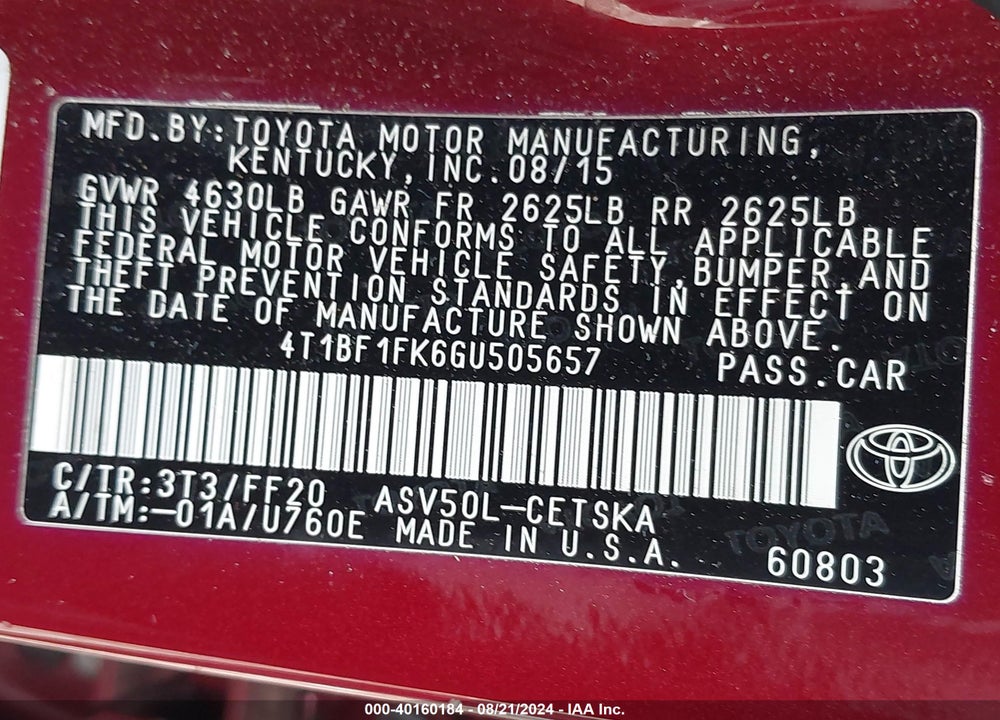 2016 TOYOTA CAMRY SE VIN: 4T1BF1FK6GU505657