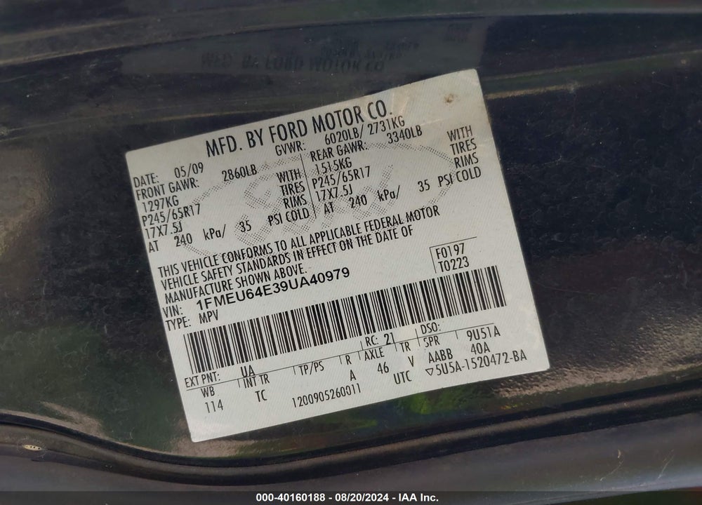2009 FORD EXPLORER EDDIE BAUER VIN: 1FMEU64E39UA40979