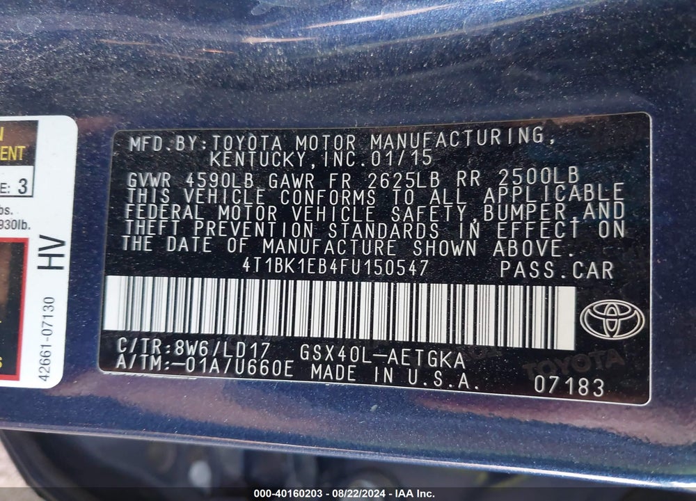 2015 TOYOTA AVALON XLE VIN: 4T1BK1EB4FU150547