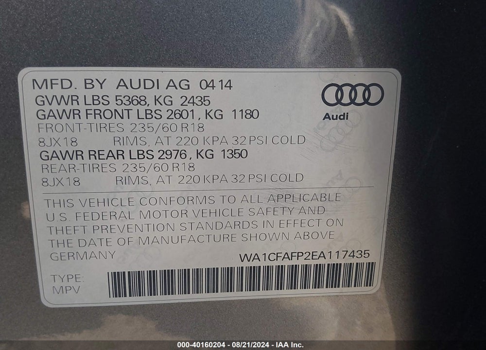2014 AUDI Q5 2.0T PREMIUM VIN: WA1CFAFP2EA117435