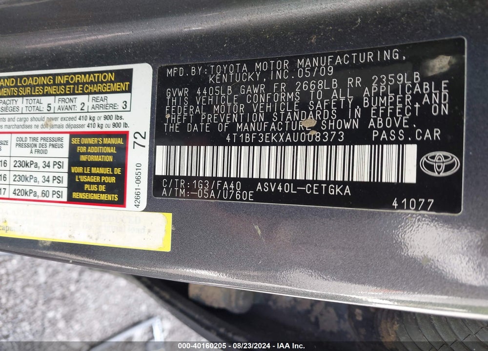 2010 TOYOTA CAMRY XLE VIN: 4T1BF3EKXAU008373