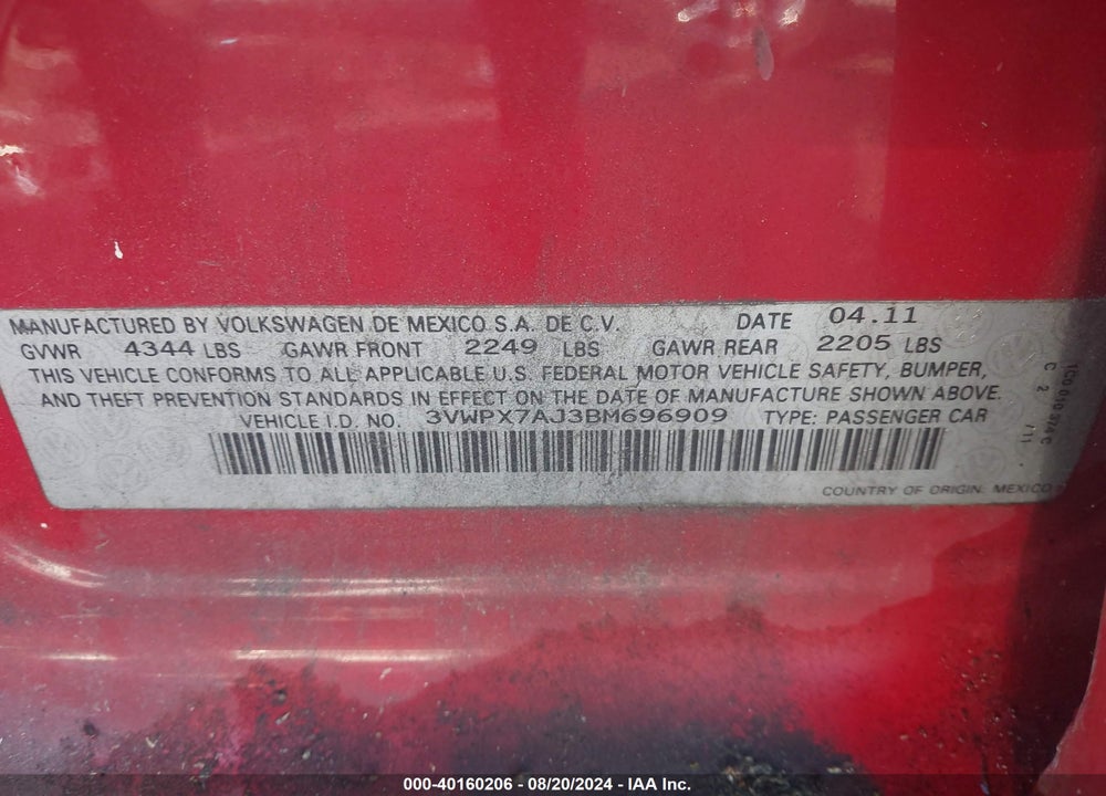 2011 VOLKSWAGEN JETTA SPORTWAGEN 2.5L S VIN: 3VWPX7AJ3BM696909