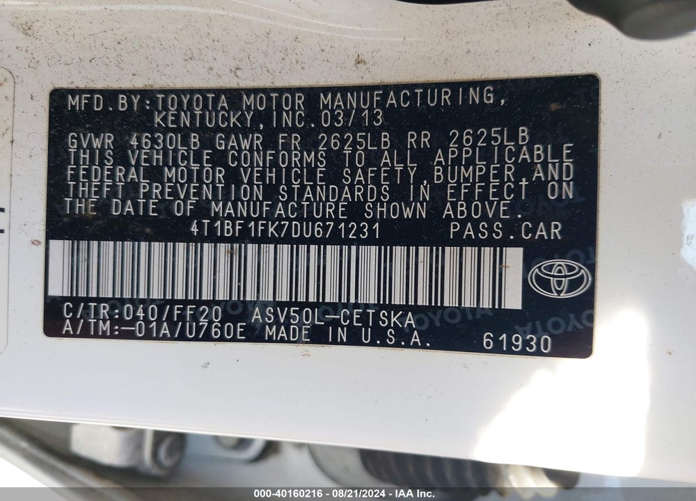 2013 TOYOTA CAMRY SE VIN: 4T1BF1FK7DU671231