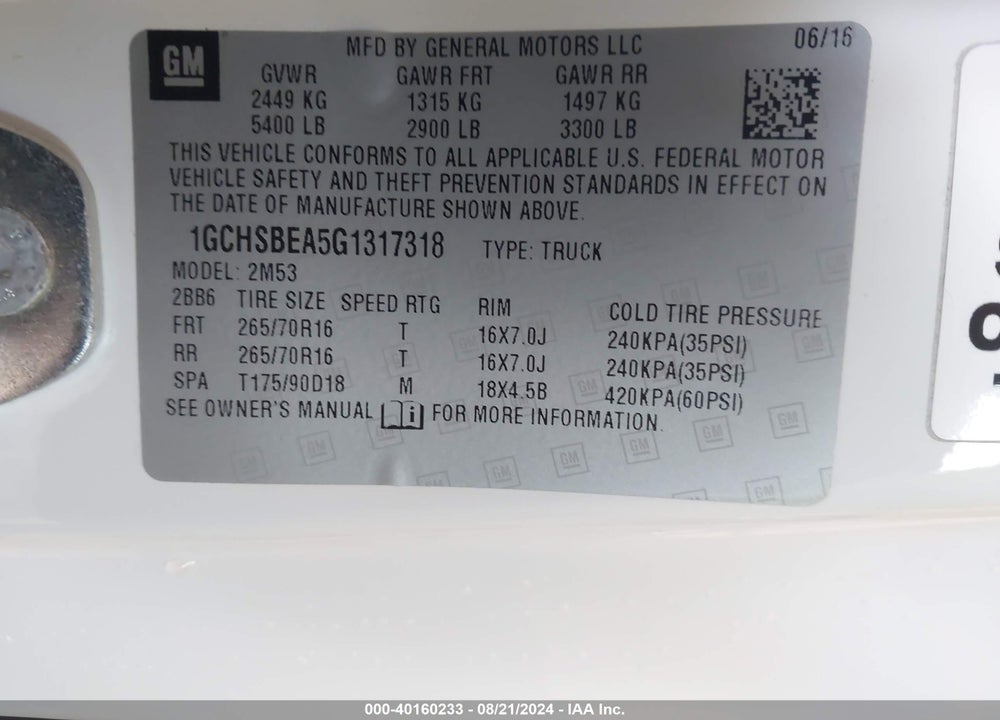 2016 CHEVROLET COLORADO WT VIN: 1GCHSBEA5G1317318