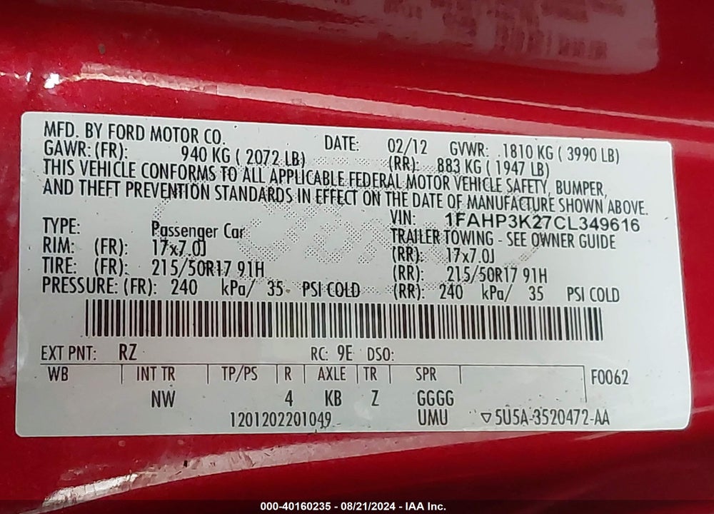 2012 FORD FOCUS SE VIN: 1FAHP3K27CL349616