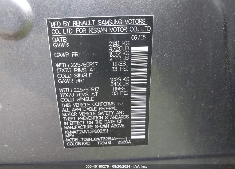 2018 NISSAN ROGUE SV VIN: KNMAT2MV1JP602511