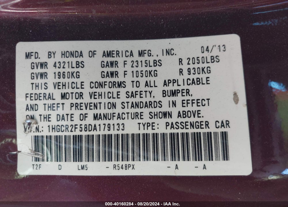2013 HONDA ACCORD SPORT VIN: 1HGCR2F58DA179133