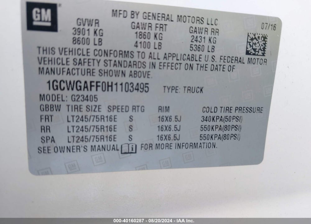 2017 CHEVROLET EXPRESS 2500 WORK VAN VIN: 1GCWGAFF0H1103495