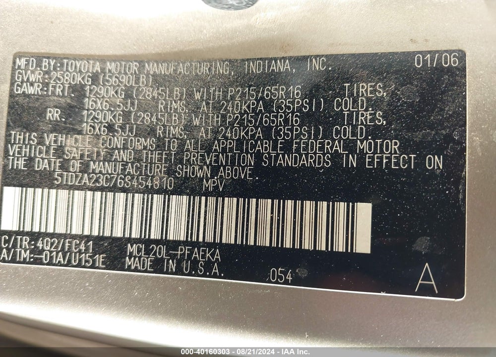 2006 TOYOTA SIENNA LE VIN: 5TDZA23C76S454810