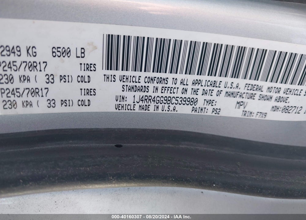 2011 JEEP GRAND CHEROKEE LAREDO VIN: 1J4RR4GG9BC539980