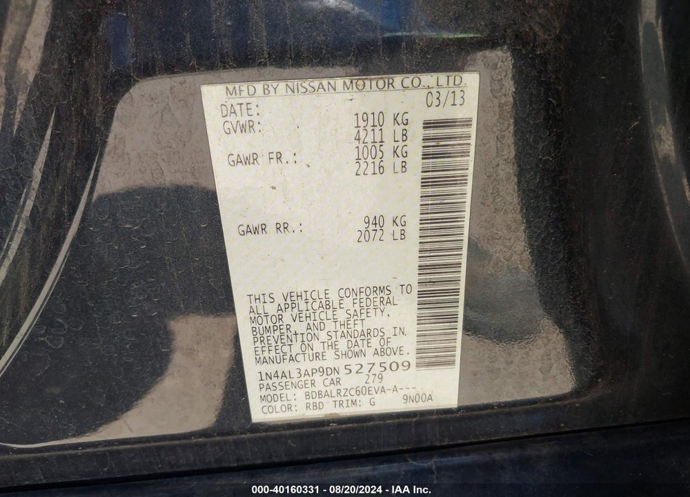 2013 NISSAN ALTIMA 2.5 S VIN: 1N4AL3AP9DN527509