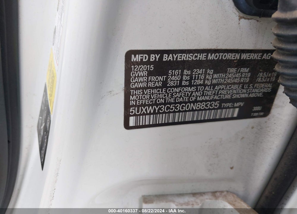 2016 BMW X3 XDRIVE28D VIN: 5UXWY3C53G0N88335