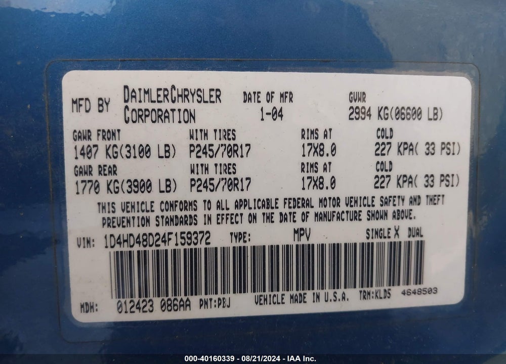 2004 DODGE DURANGO SLT VIN: 1D4HD48D24F159372