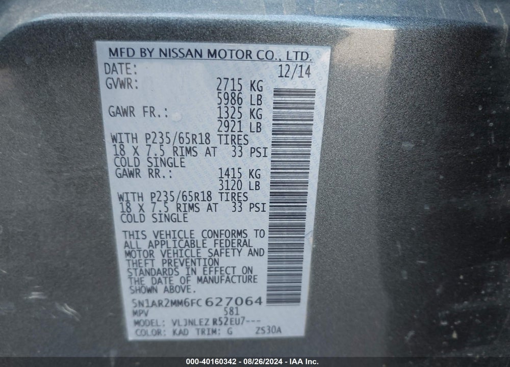 2015 NISSAN PATHFINDER PLATINUM/S/SL/SV VIN: 5N1AR2MM6FC627064