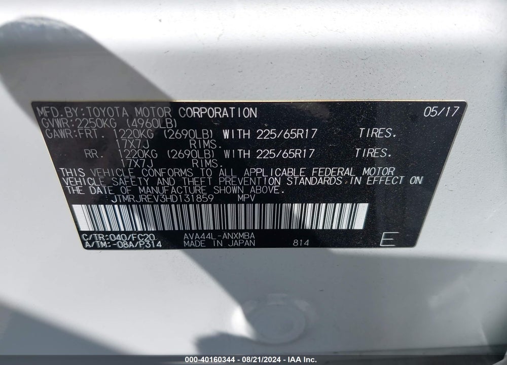 2017 TOYOTA RAV4 HYBRID VIN: JTMRJREV3HD131859
