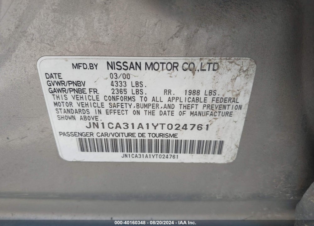 2000 NISSAN MAXIMA GLE/GXE/SE VIN: JN1CA31A1YT024761