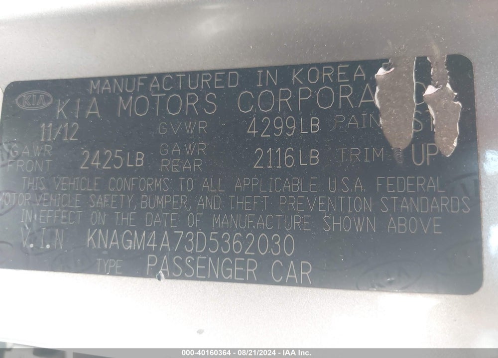 2013 KIA OPTIMA LX VIN: KNAGM4A73D5362030