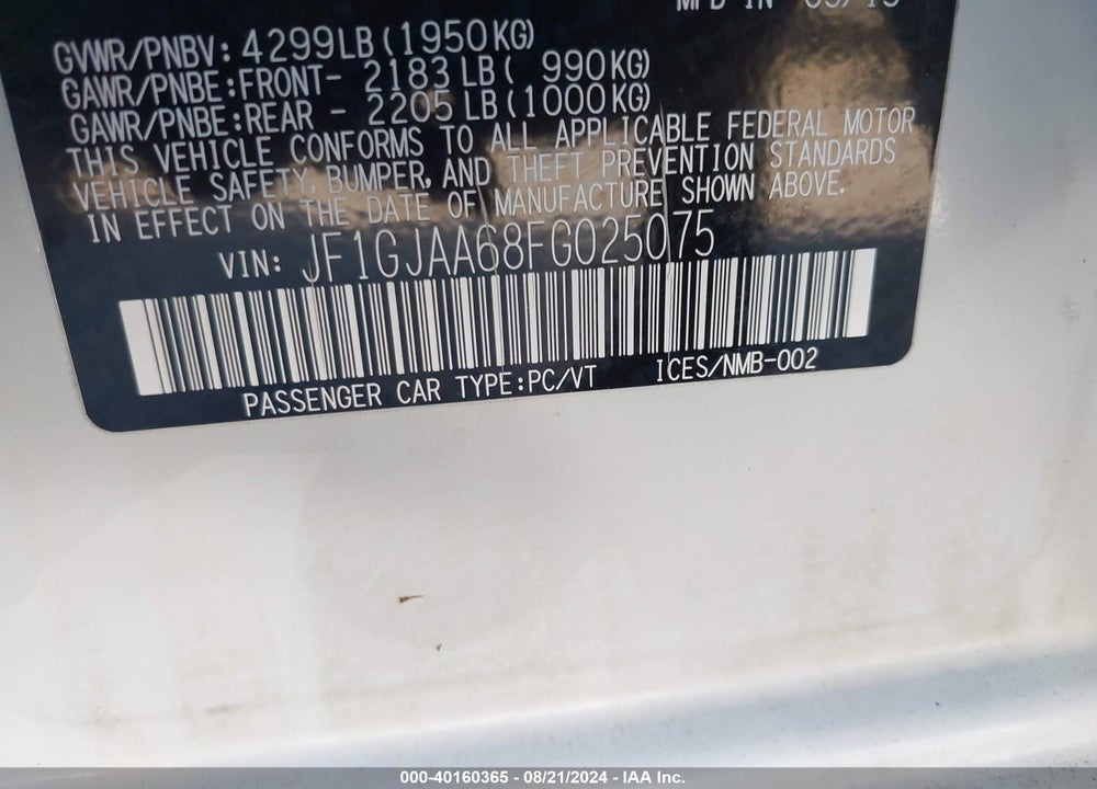 2015 SUBARU IMPREZA 2.0I VIN: JF1GJAA68FG025075