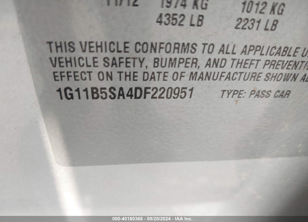2013 CHEVROLET MALIBU 1LS VIN: 1G11B5SA4DF220951