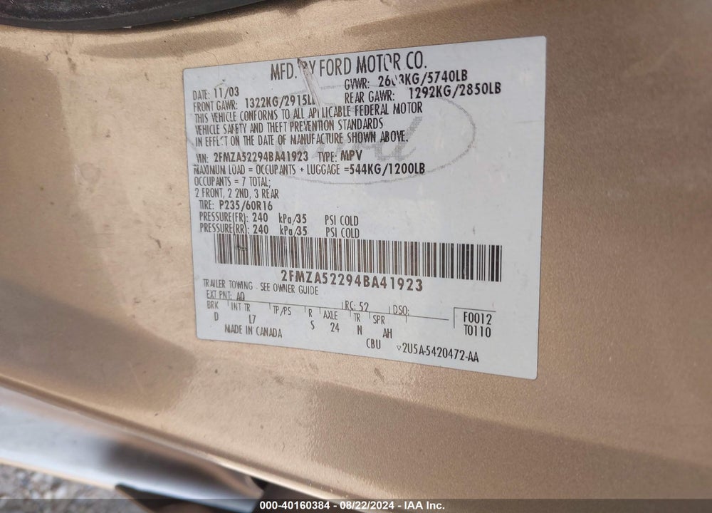 2004 FORD FREESTAR VIN: 2FMZA52294BA41923