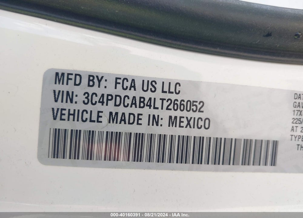 2020 DODGE JOURNEY SE VALUE VIN: 3C4PDCAB4LT266052