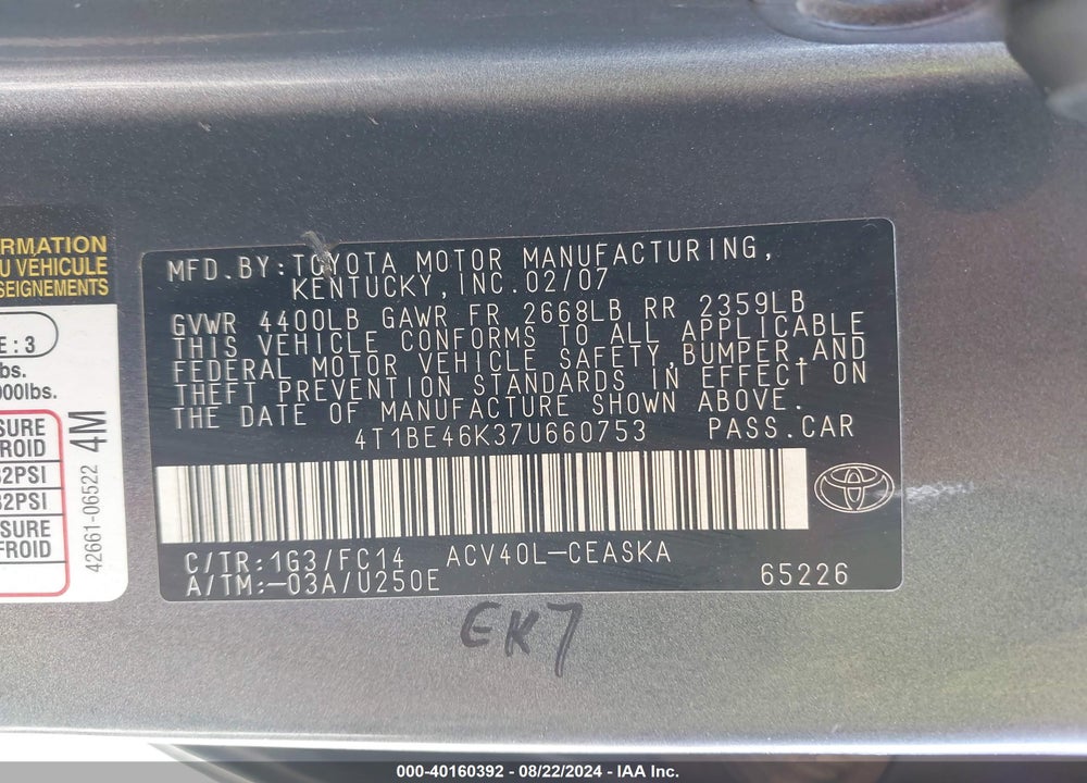 2007 TOYOTA CAMRY SE VIN: 4T1BE46K37U660753