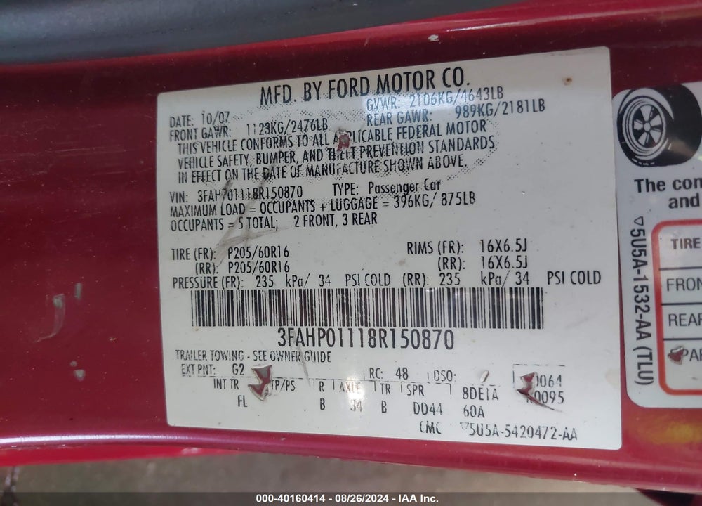 2008 FORD FUSION SE VIN: 3FAHP01118R150870